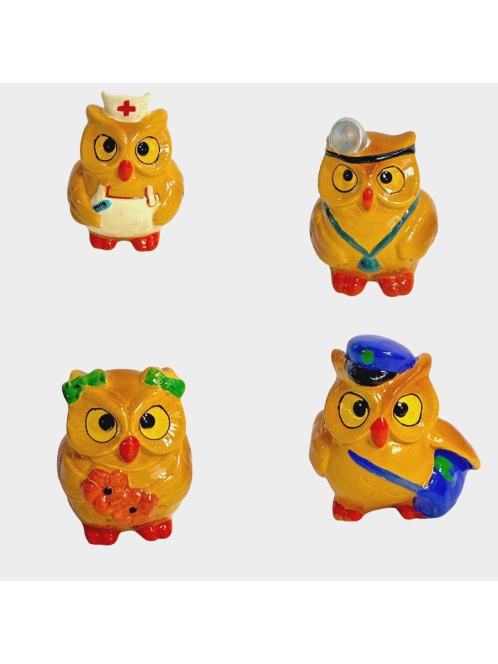 Vintage Owl Figurine Set 4pc Doctor Nurse Girl Postman 2" Ceramic Sri Lanka